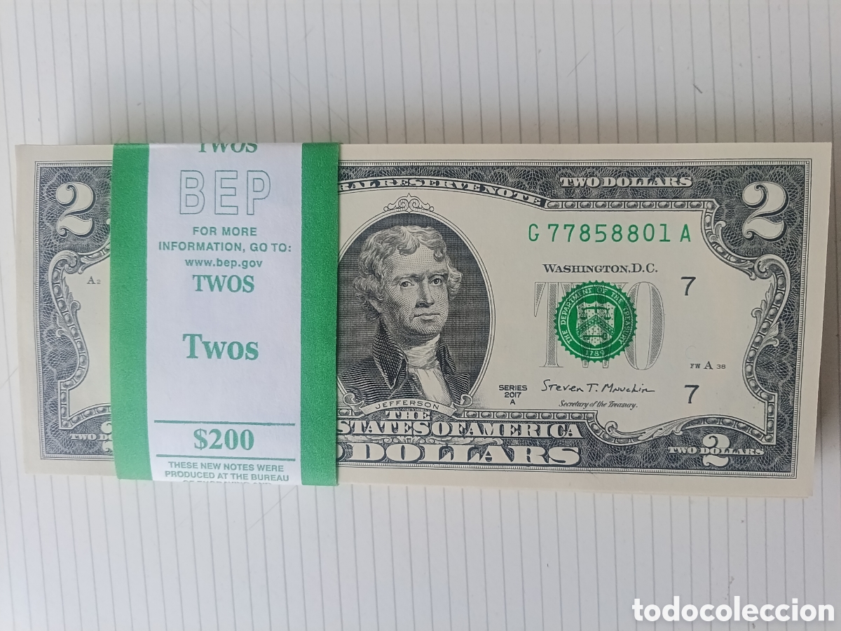 Billetes extranjeros: USA Estados Unidos Taco 100 billetes de 2 dollars 2017 con bandeleta oficial nuevos correlativos SC