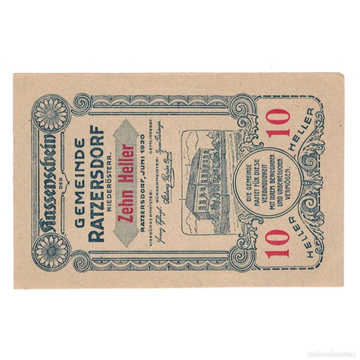 Billetes extranjeros: [#325078] Billete, Austria, Ratzersdorf N.&Ouml;. Gemeinde, 10 Heller, Texte, 1920, EBC