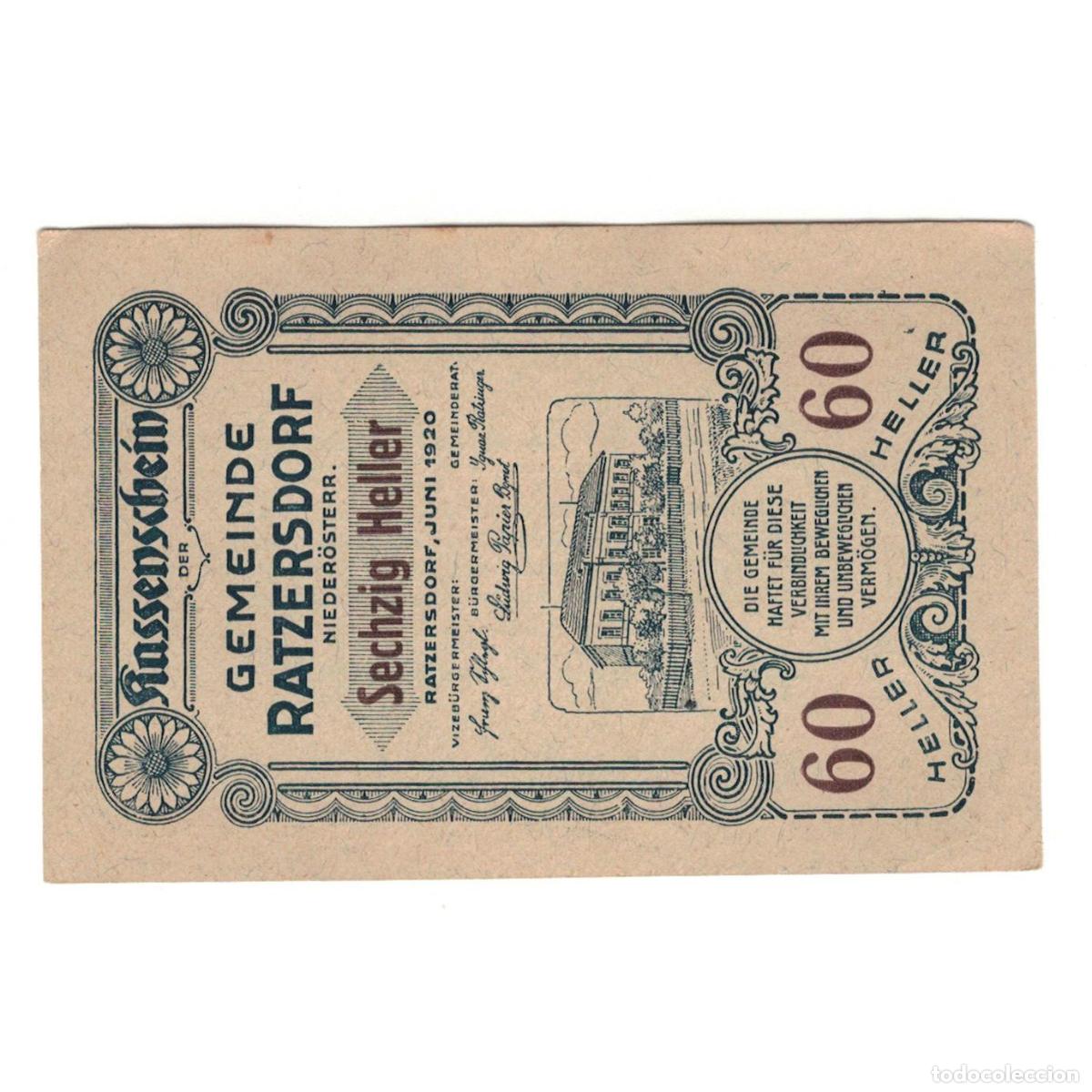 Billetes extranjeros: [#325079] Billete, Austria, Ratzersdorf N.&Ouml;. Gemeinde, 60 Heller, Texte, 1920, EBC