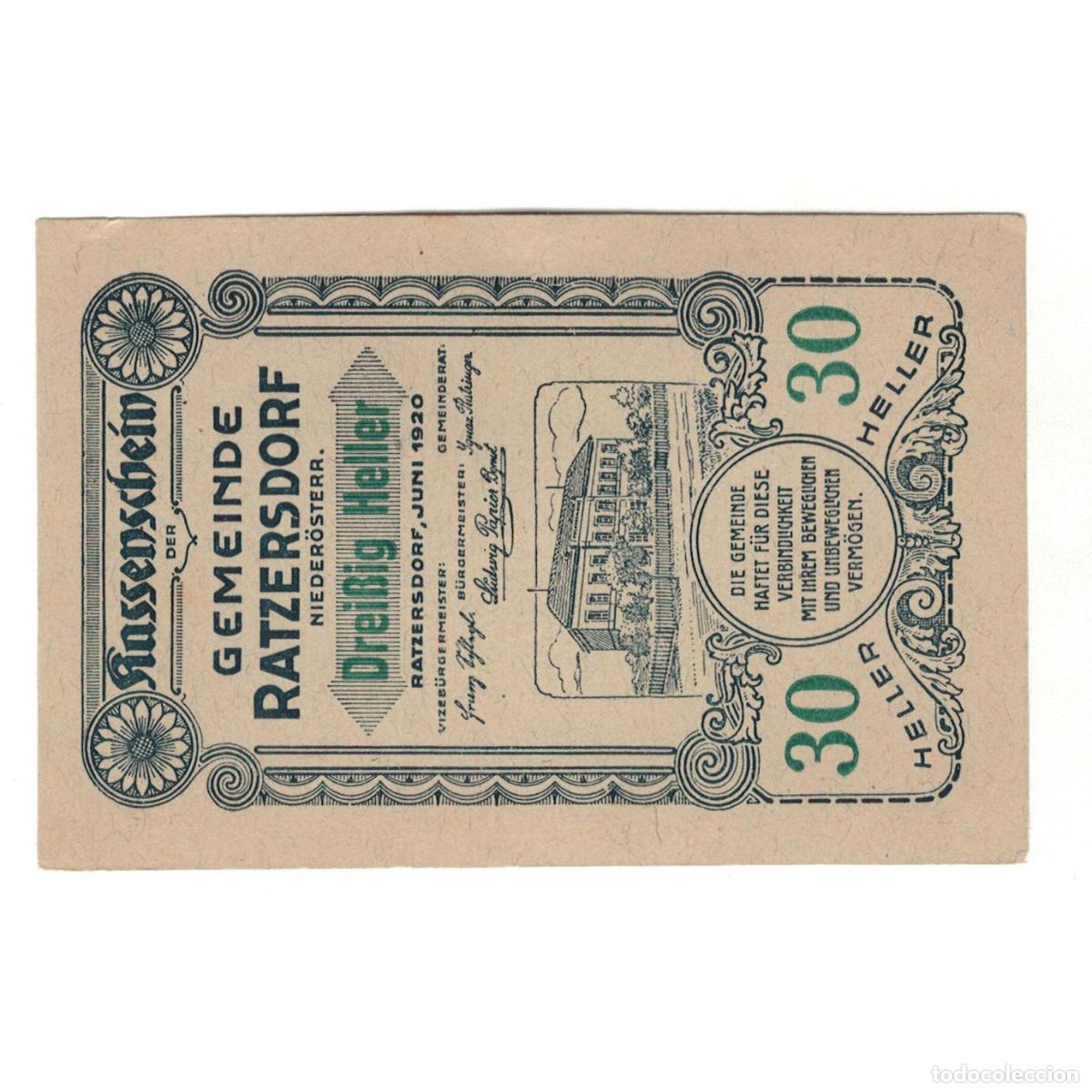 Billetes extranjeros: [#325080] Billete, Austria, Ratzersdorf N.&Ouml;. Gemeinde, 30 Heller, Texte, 1920, EBC