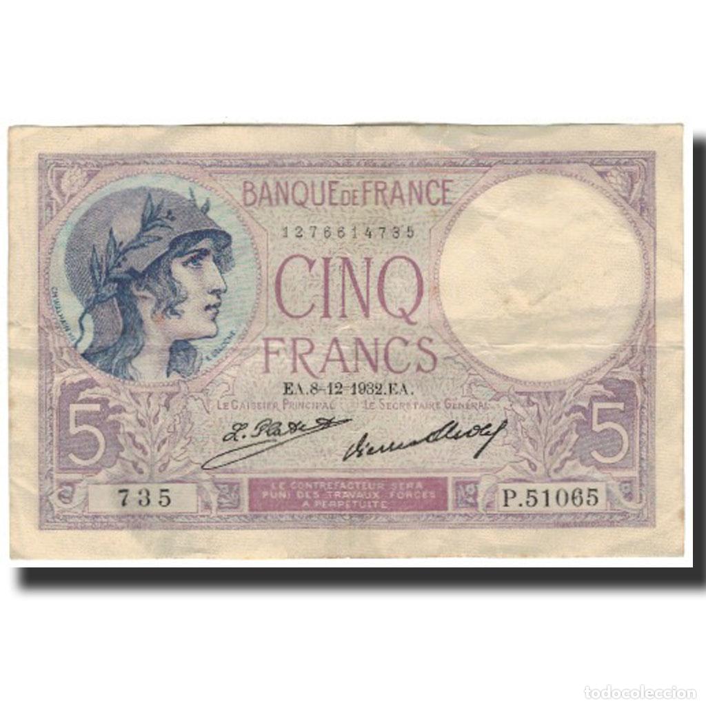 Billetes extranjeros: [#128875] Francia, 5 Francs, Violet, 1932, 1932-12-08, BC, Fayette:3.16, KM:72d
