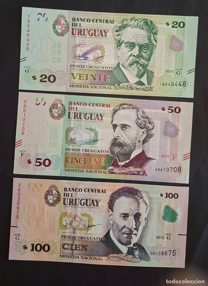 Billetes extranjeros: URUGUAY LOTE 3 BILLETES 20, 50 Y 100 PESOS 2015 P-93a-94a-95a SC