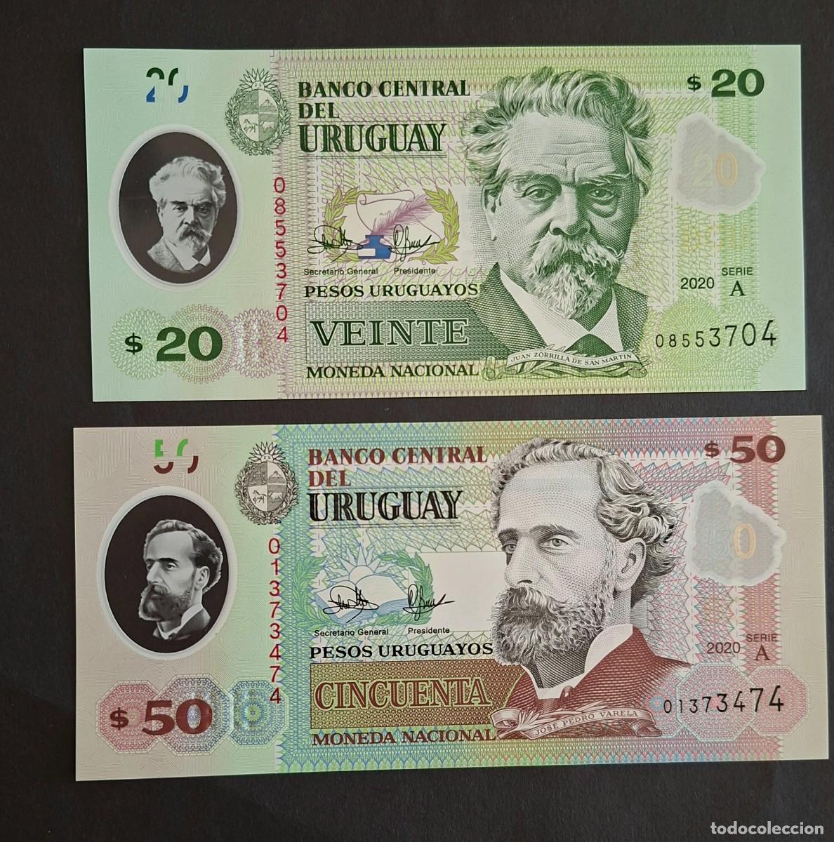 Billetes extranjeros: URUGUAY LOTE 2 BILLETES 20 Y 50 PESOS 2020 POL&Iacute;MERO P-101a-102a SC