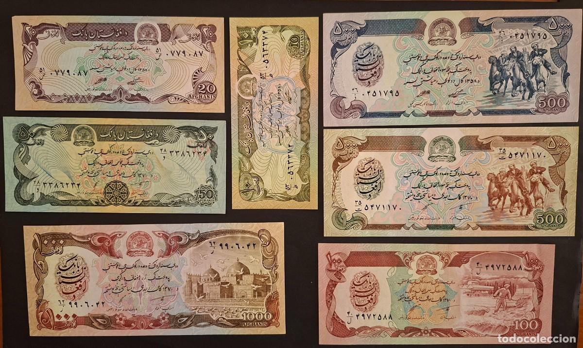 Billetes extranjeros: AFGANISTAN LOTE 7 BILLETES DE 10, 20, 50, 100, 500, 500 Y 1.000 Afghanis 1979-1991 P-55-61 SC