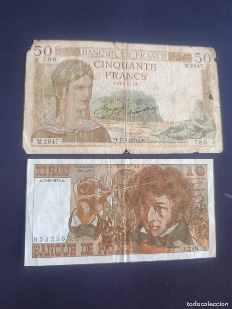 Billetes extranjeros: Lote 2 Billetes Antiguos de Francia (10 Francos 1977 + 50 Francos 1935)