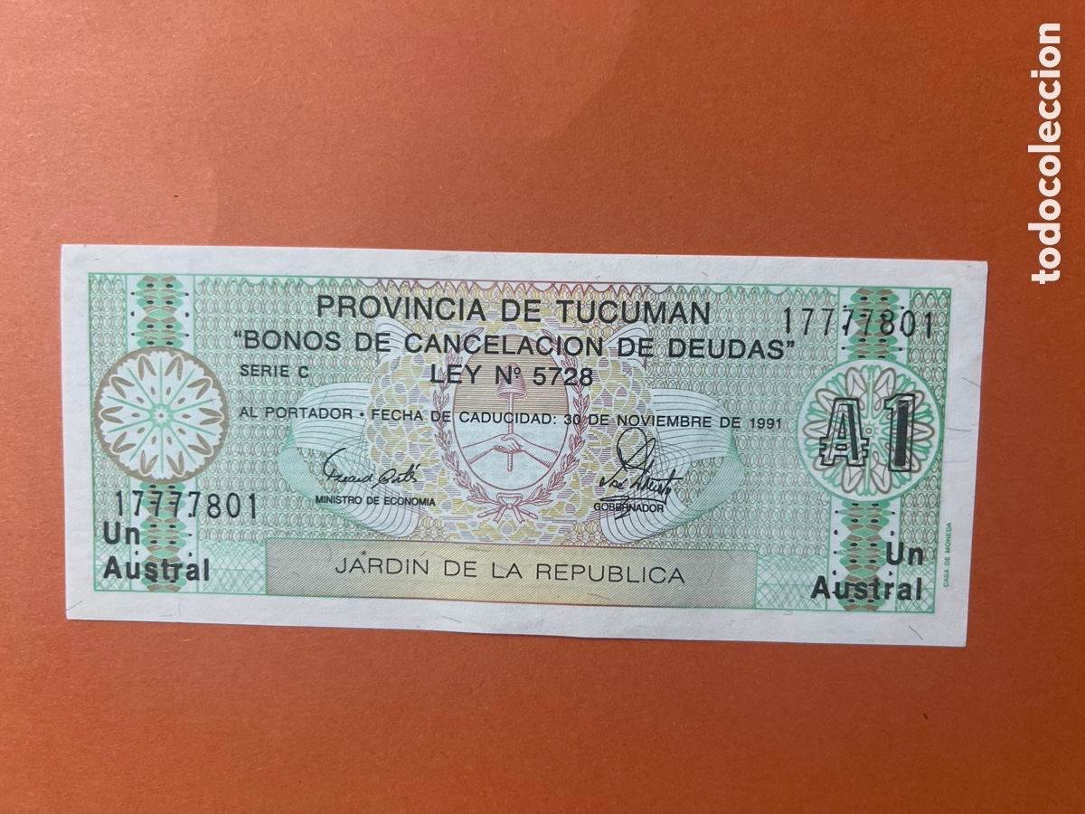 Billetes extranjeros: A25. Billete de Argentina Tucum&aacute;n de 1 Austral