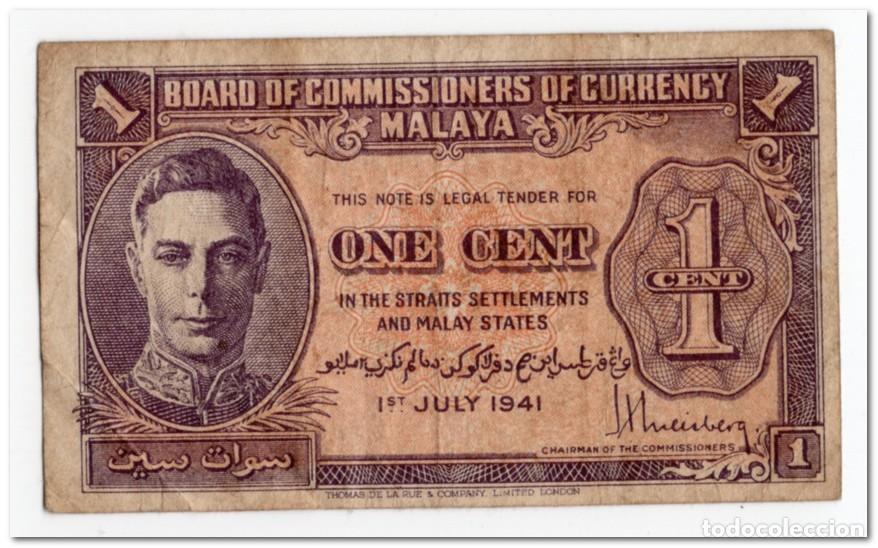 Billetes extranjeros: MALAYA,1 CENT,1941 (1945),P.6,F+