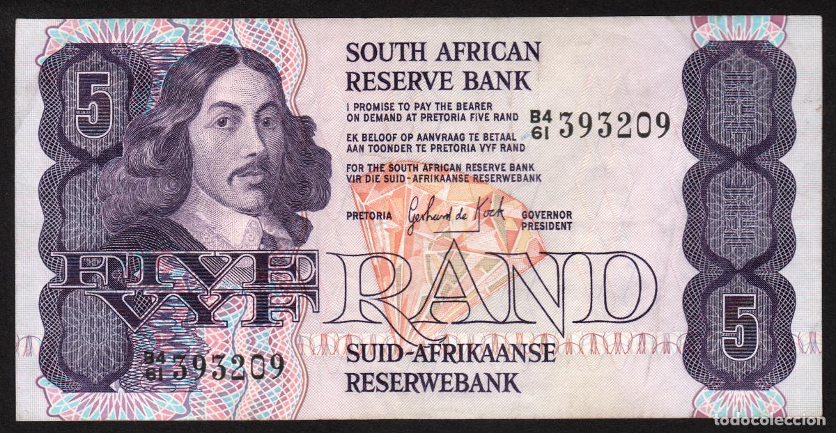 Billetes extranjeros: SUDAFRICA (Africa del Sur). 5 rand (1981-89). Firma 6. Pick 119c. Con hilo, prefijo fraccional.