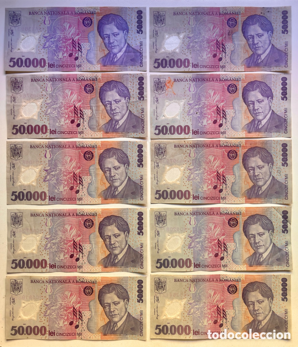 Billetes extranjeros: Lote x 10 Billetes RUMANIA 50000 Lei 2001. Romania Polimero