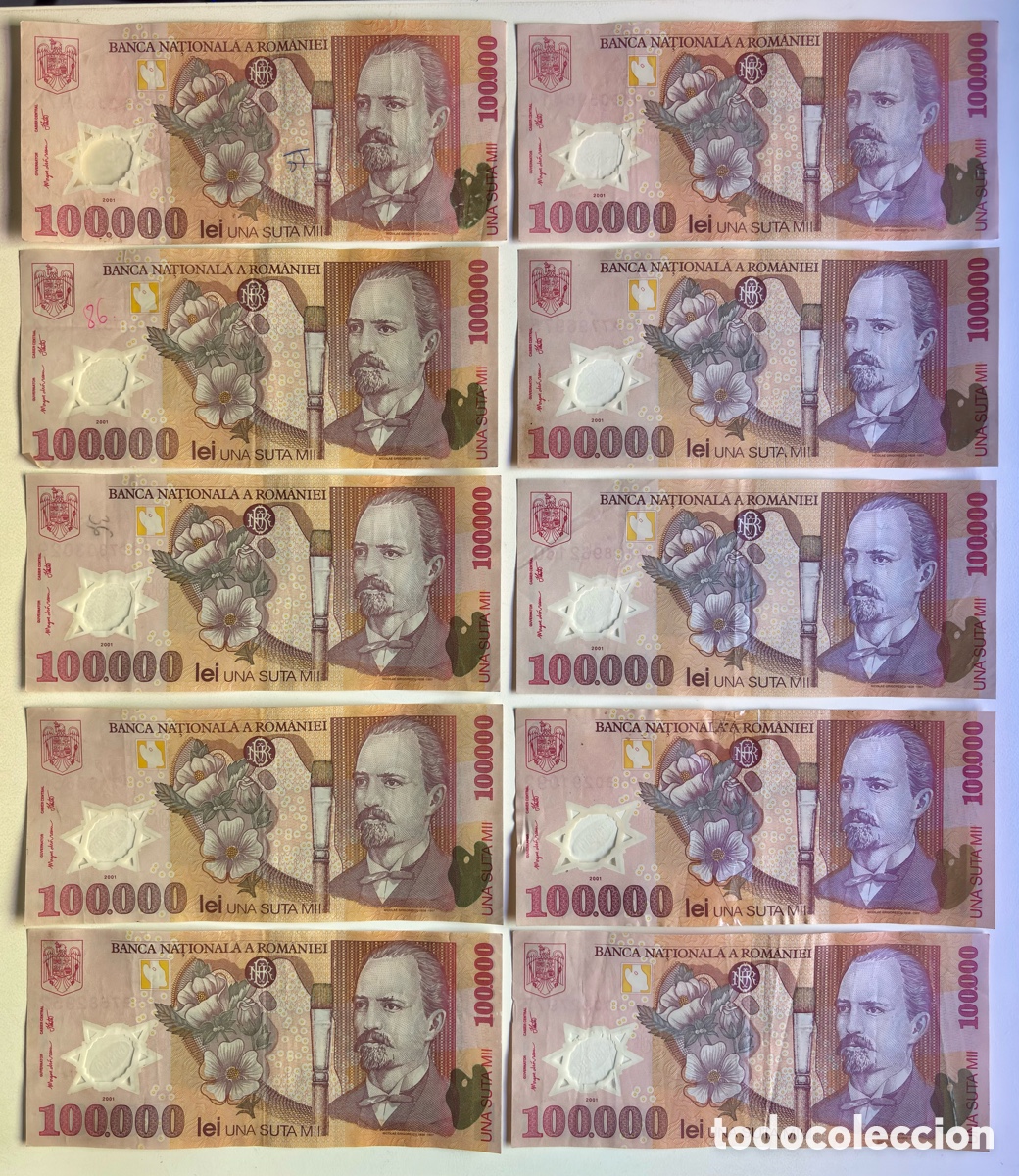 Billetes extranjeros: Lote x 10 Billetes RUMANIA 100000 Lei 2001. Romania POLIMERO
