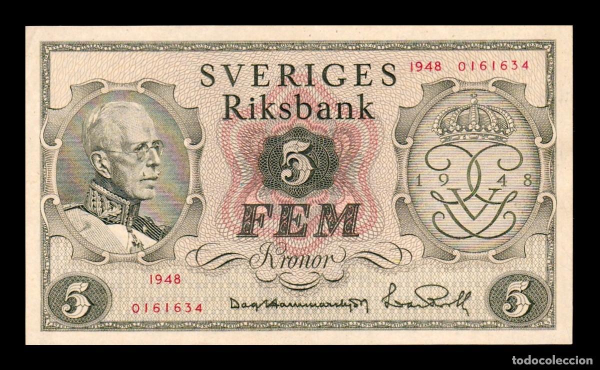 Billetes extranjeros: Suecia 5 Kronor Conmemorativo Gustav V 1948 Pick 41a Sc- aUnc