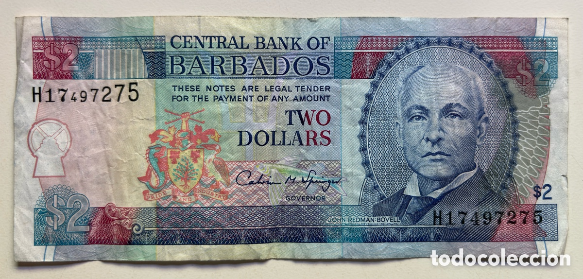 Billetes extranjeros: Billete BARBADOS 2 D&oacute;lares (1995)