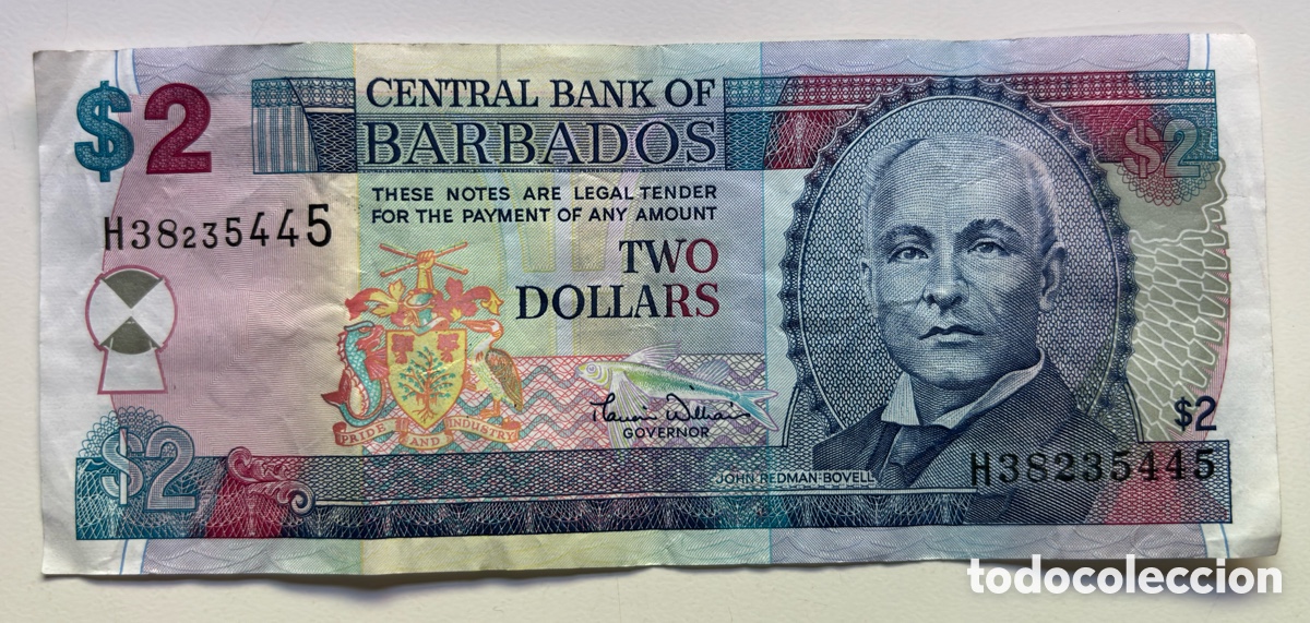 Billetes extranjeros: Billete BARBADOS 2 D&oacute;lares (2000) MBC