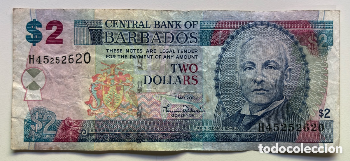 Billetes extranjeros: Billete BARBADOS 2 D&oacute;lares 2007