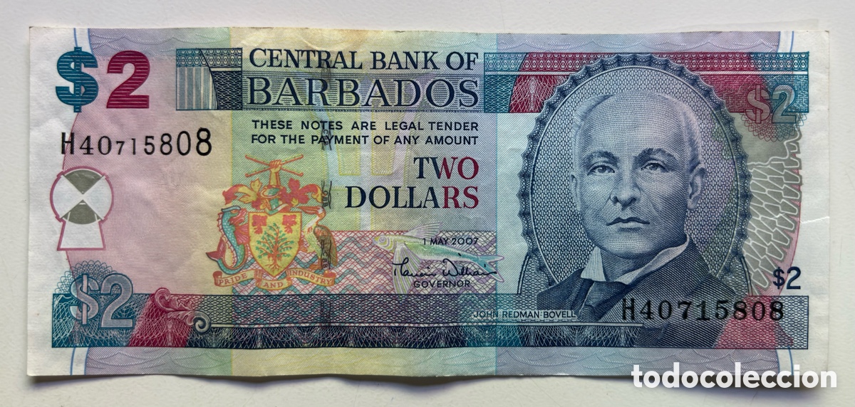 Billetes extranjeros: Billete BARBADOS 2 D&oacute;lares 2007. MBC
