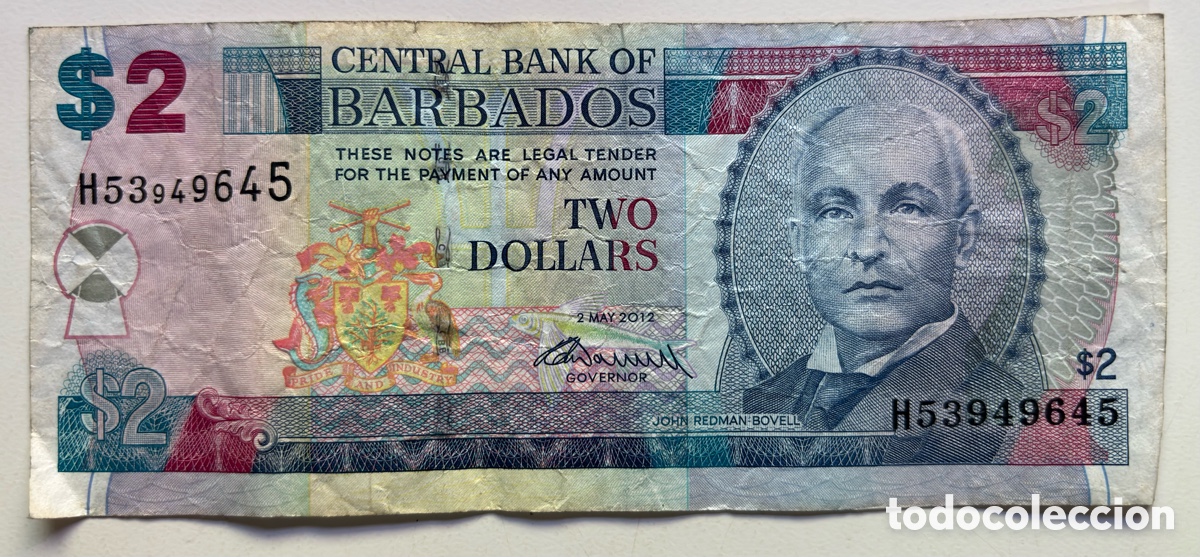 Billetes extranjeros: Billete BARBADOS 2 D&oacute;lares 2012