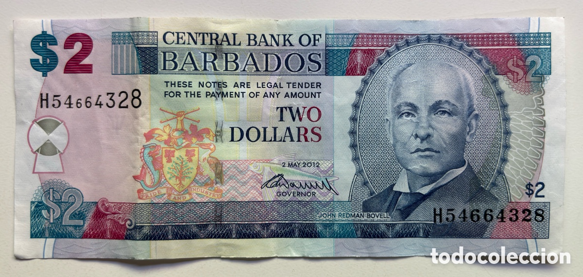 Billetes extranjeros: Billete BARBADOS 2 D&oacute;lares 2012. MBC