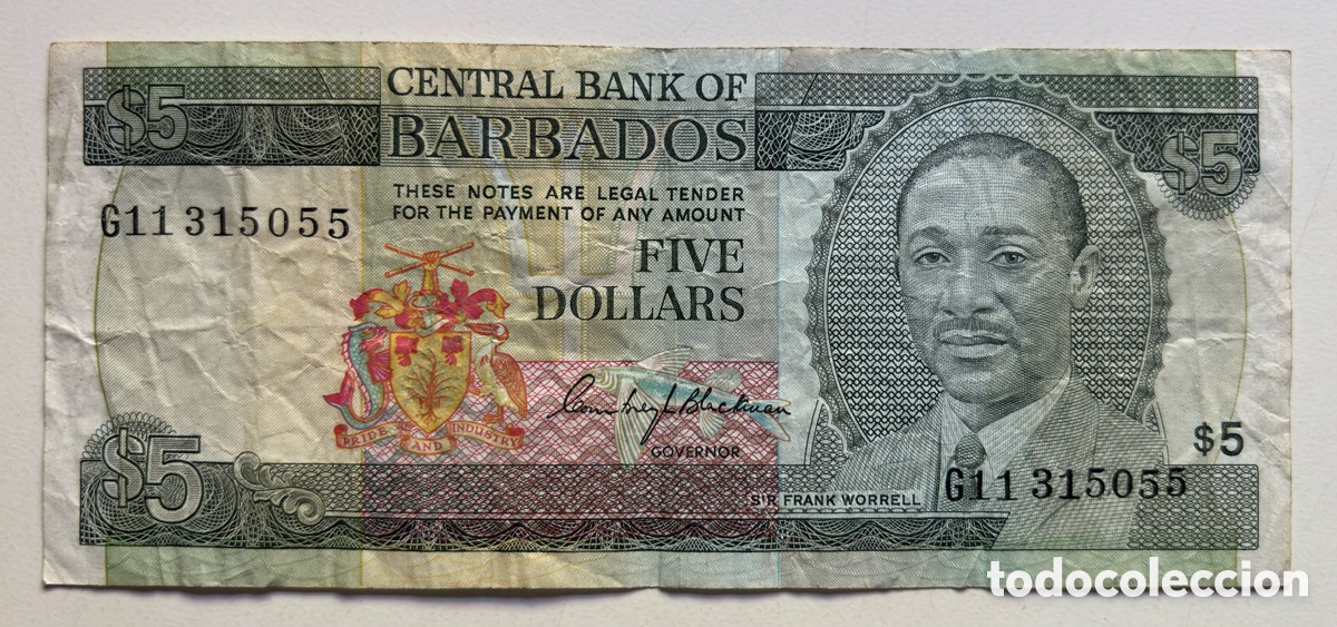 Billetes extranjeros: Billete BARBADOS 5 D&oacute;lares (1975)