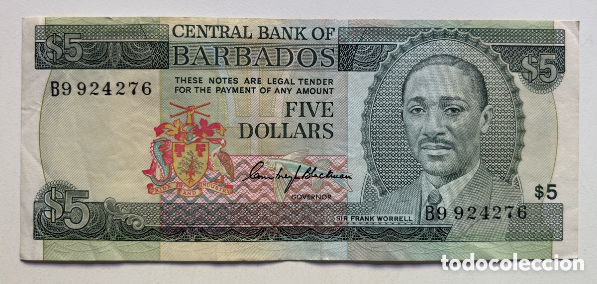 Billetes extranjeros: Billete BARBADOS 5 D&oacute;lares (1975) MBC/EBC