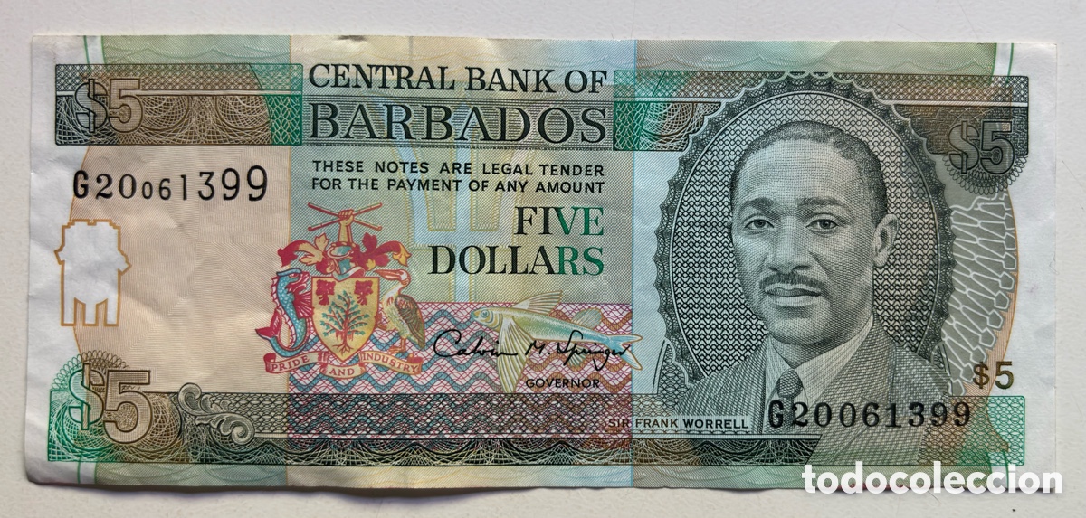 Billetes extranjeros: Billete BARBADOS 5 D&oacute;lares (1993)