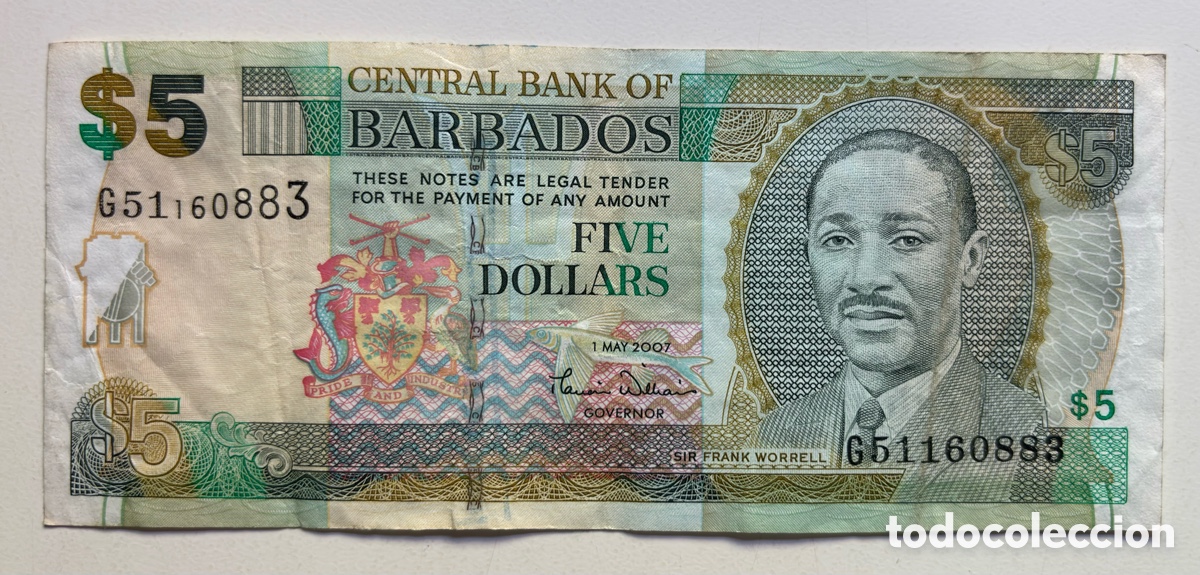 Billetes extranjeros: Billete BARBADOS 5 D&oacute;lares 2007