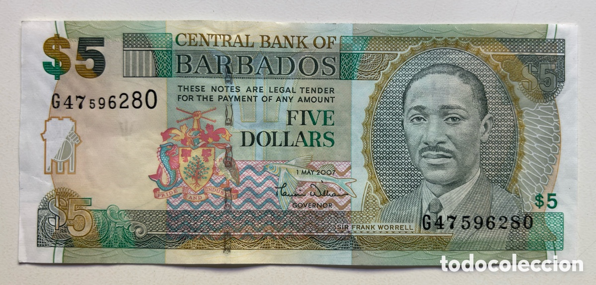 Billetes extranjeros: Billete BARBADOS 5 D&oacute;lares 2007 EBC