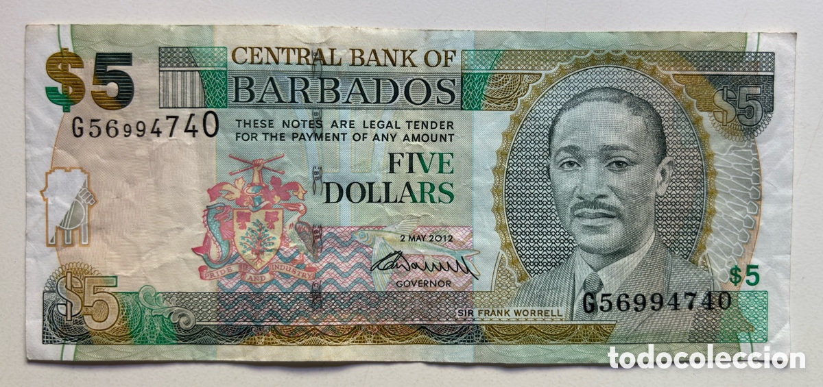 Billetes extranjeros: Billete BARBADOS 5 D&oacute;lares 2012