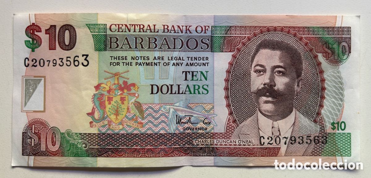 Billetes extranjeros: Billete BARBADOS 10 D&oacute;lares (1999)
