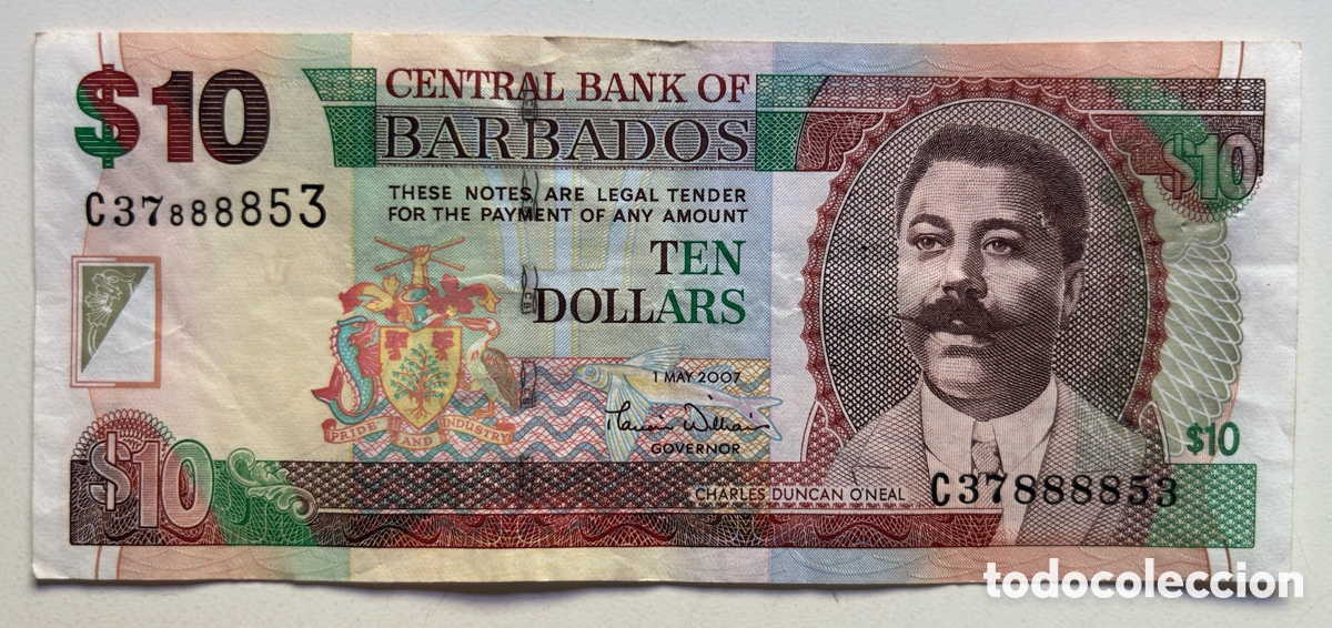 Billetes extranjeros: Billete BARBADOS 10 D&oacute;lares 2007
