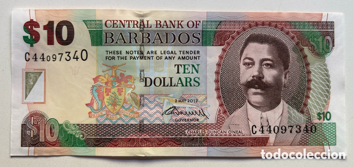 Billetes extranjeros: Billete BARBADOS 10 D&oacute;lares 2012 SC/SC-