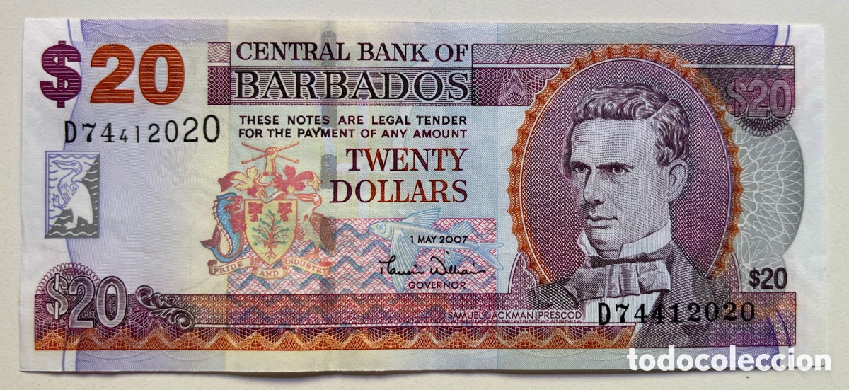 Billetes extranjeros: Billete BARBADOS 20 D&oacute;lares 2007