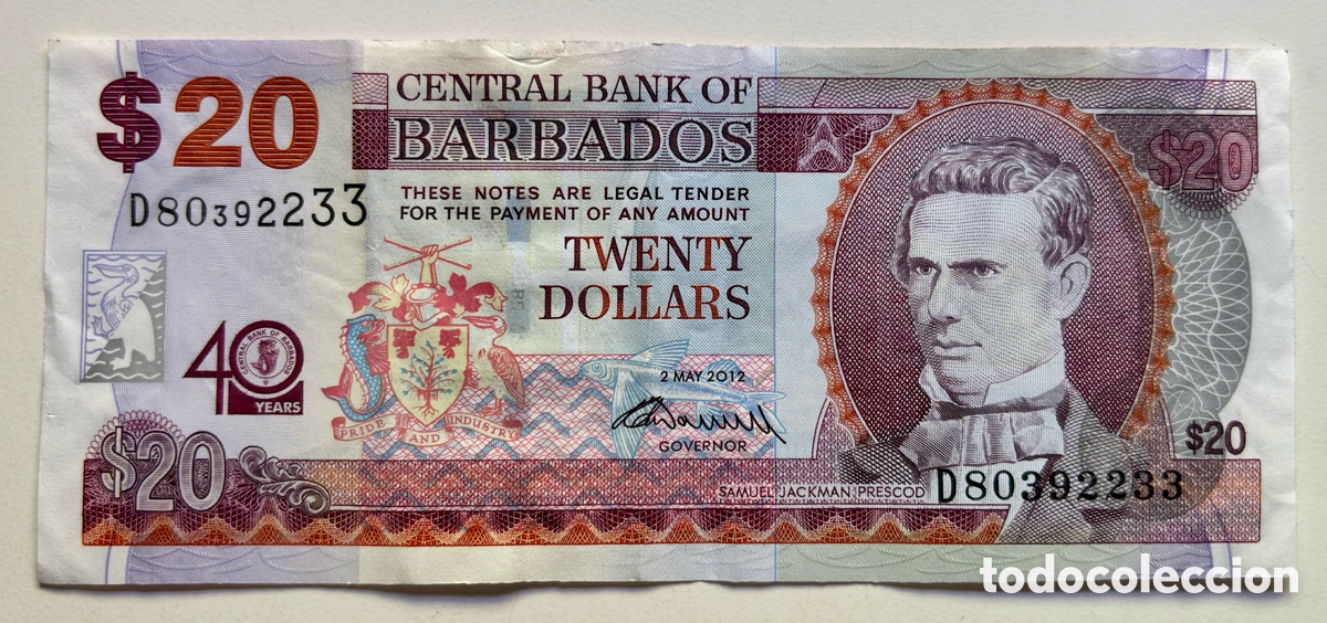Billetes extranjeros: Billete BARBADOS 20 D&oacute;lares 2012. 40 Aniversario