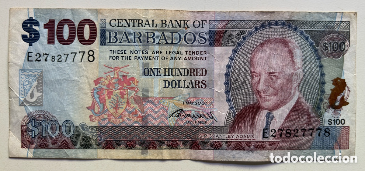 Billetes extranjeros: Billete BARBADOS 100 D&oacute;lares 2007