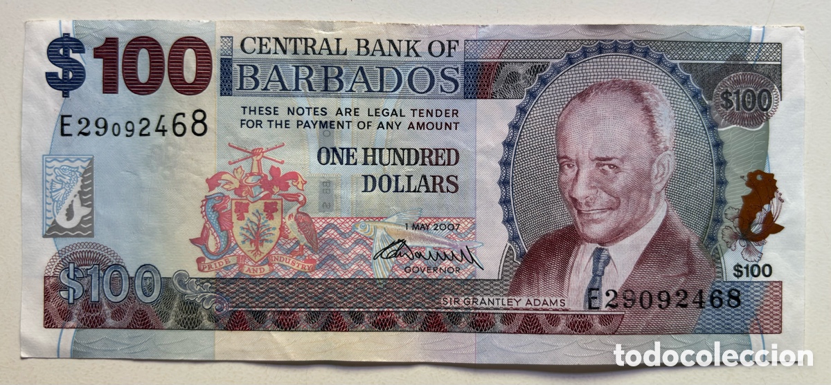 Billetes extranjeros: Billete BARBADOS 100 D&oacute;lares 2007. MBC