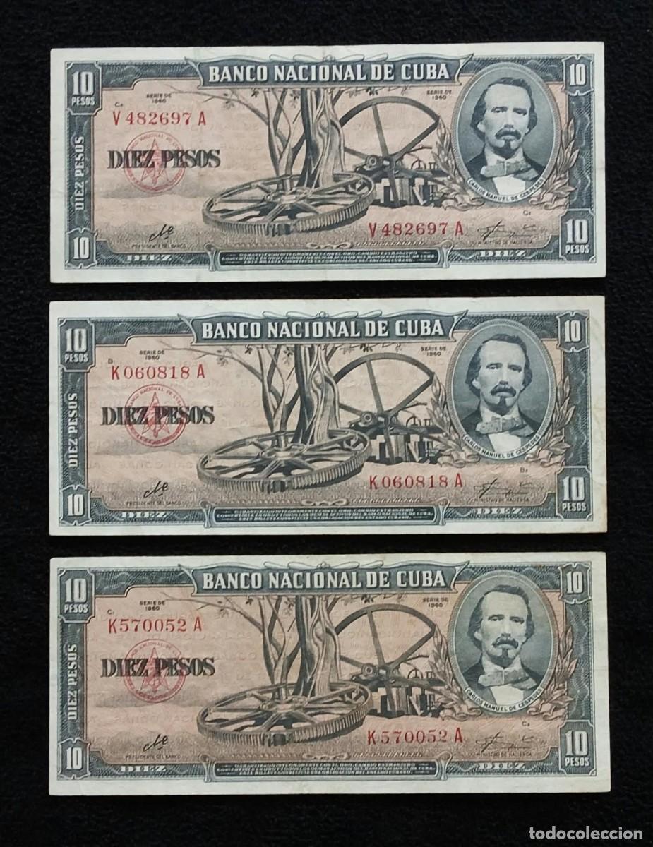 Billetes extranjeros: Cuba, 3 Billetes de 10 Pesos 1960. Firma Che