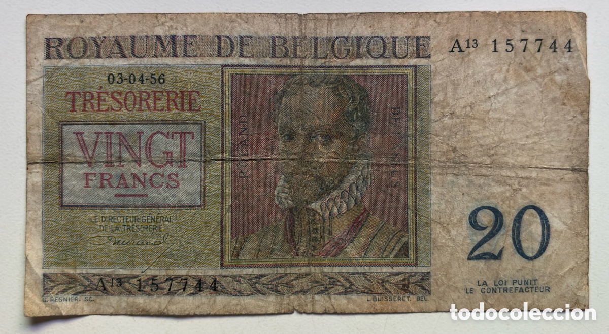 Billetes extranjeros: Billete BELGICA 20 Francos 1956