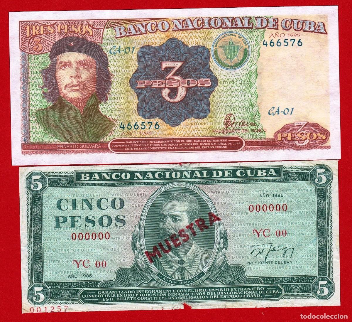 Billetes extranjeros: CUBA, 3 pesos SC y 5 pesos muestra.