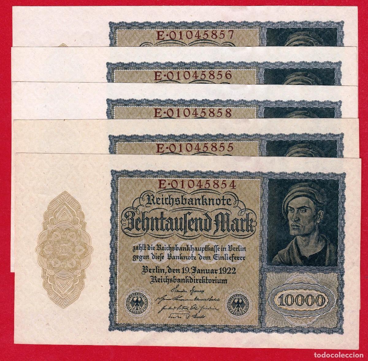 Billetes extranjeros: ALEMANIA, 10000 Mark, 1922, 5 Correlativos, SC/SC-