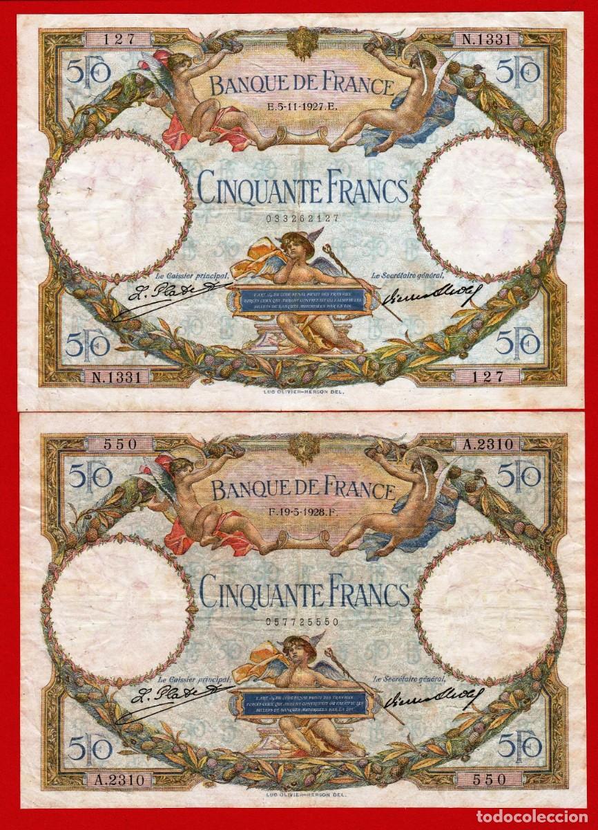 Billetes extranjeros: FRANCIA, 2 Billetes de 50 Francs, 1927 y 1928, Puntos de alfiler.