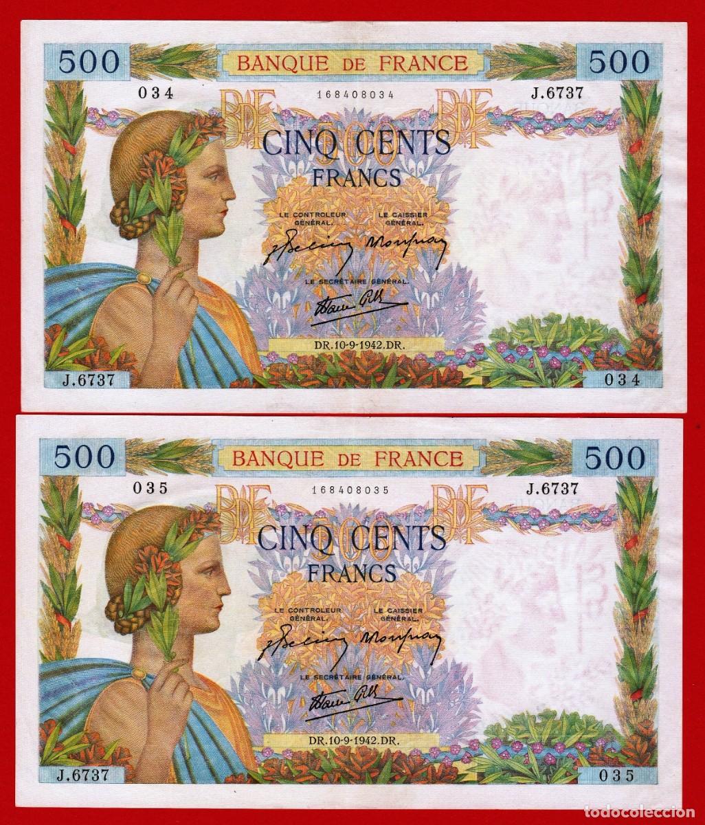 Billetes extranjeros: FRANCIA, 2 Correlativos, 500 francs, 1942, EBC