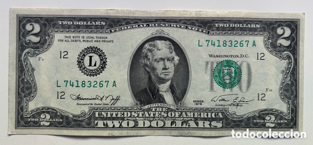 Billetes extranjeros: Billete USA 2 D&oacute;lares 1976 L San Francisco California. EEUU Estados Unidos Dollars