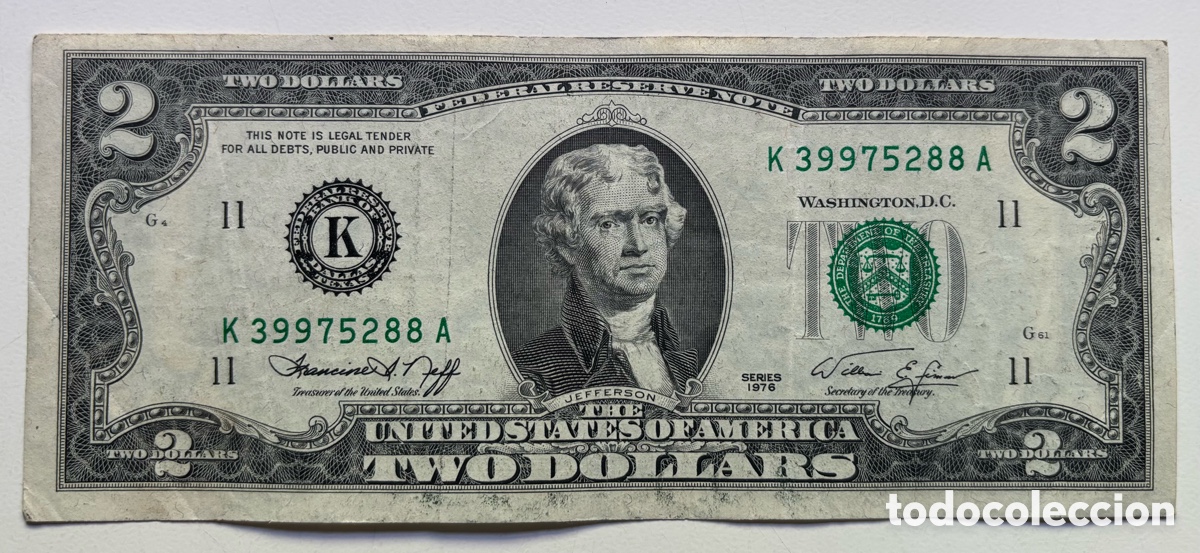 Billetes extranjeros: Billete USA 2 D&oacute;lares 1976 K Dallas Texas. EEUU Estados Unidos Dollars