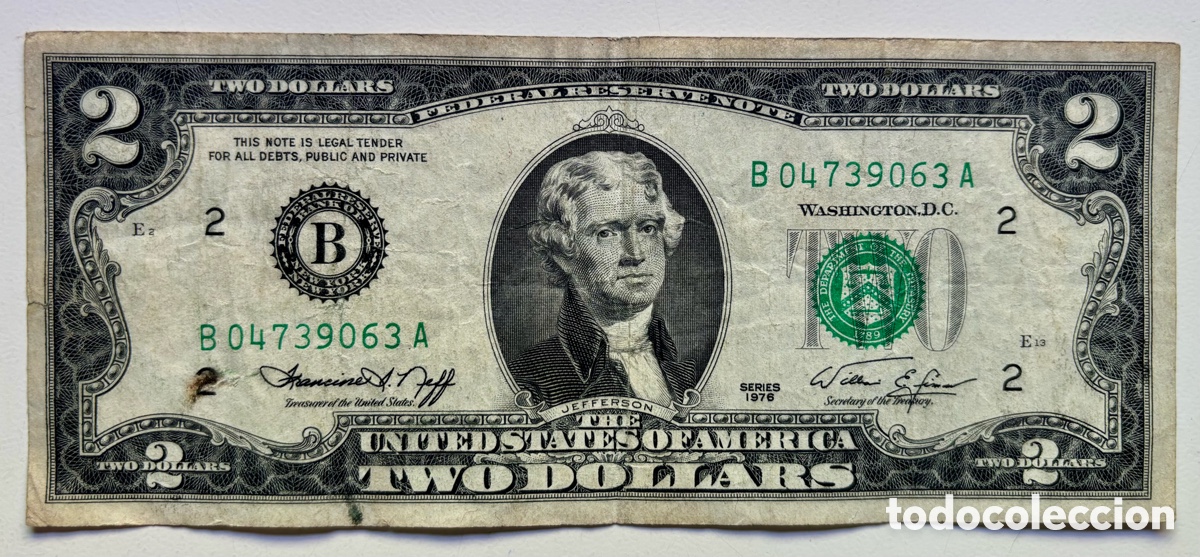 Billetes extranjeros: Billete USA 2 D&oacute;lares 1976 B New York. Nueva York. EEUU Estados Unidos Dollars