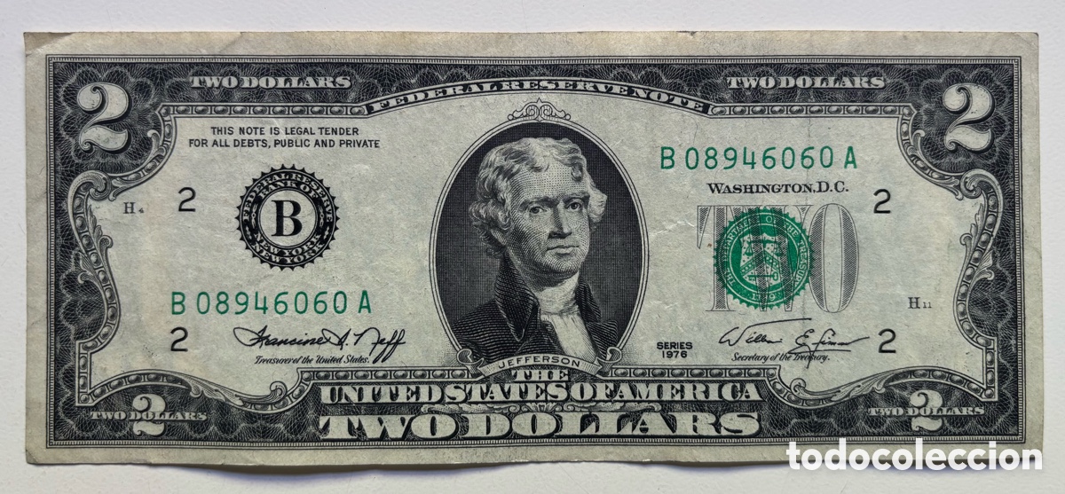 Internationale Banknoten: Billete USA 2 D&oacute;lares 1976 K New York. Nueva York MBC+ EEUU Estados Unidos Dollars