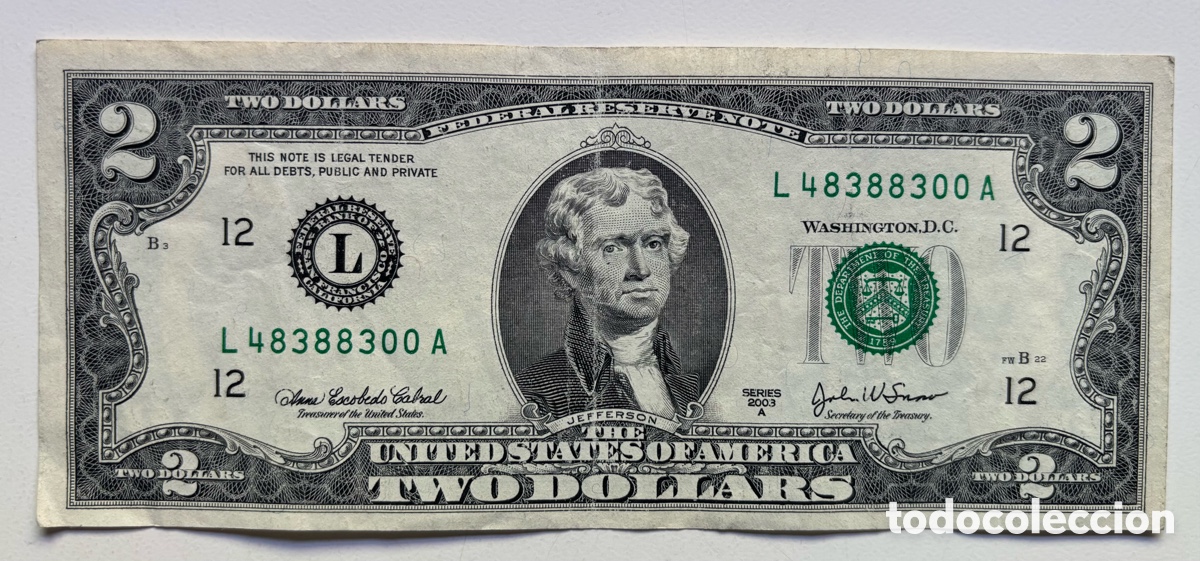 Internationale Banknoten: Billete USA 2 D&oacute;lares 2003-A. L San Francisco California. EEUU Estados Unidos Dollars