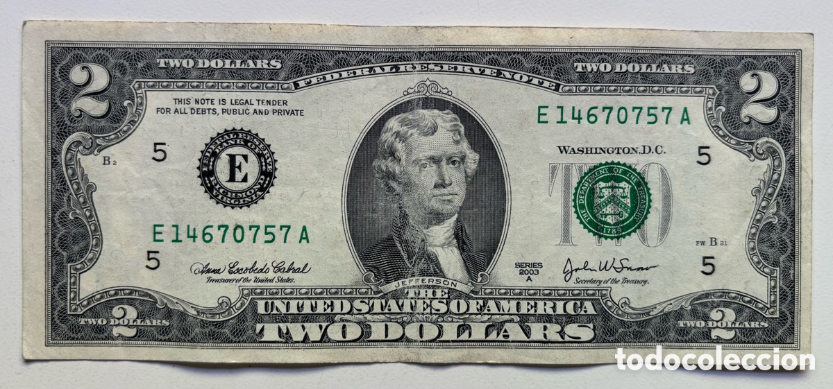 Billetes extranjeros: Billete USA 2 D&oacute;lares 2003-A. E Richmond Virginia. EEUU Estados Unidos Dollars