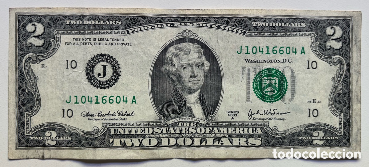 Billetes extranjeros: Billete USA 2 D&oacute;lares 2003-A. J Kansas City Missouri. EEUU Estados Unidos Dollars