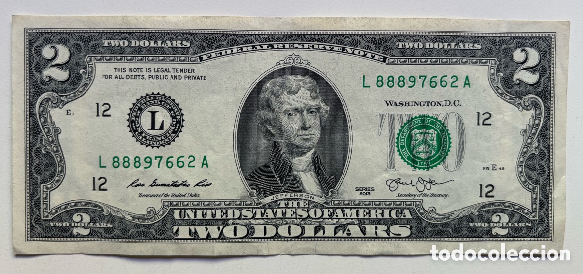 International Banknotes: Billete USA 2 D&oacute;lares 2013 . L San Francisco California. EEUU Estados Unidos Dollars