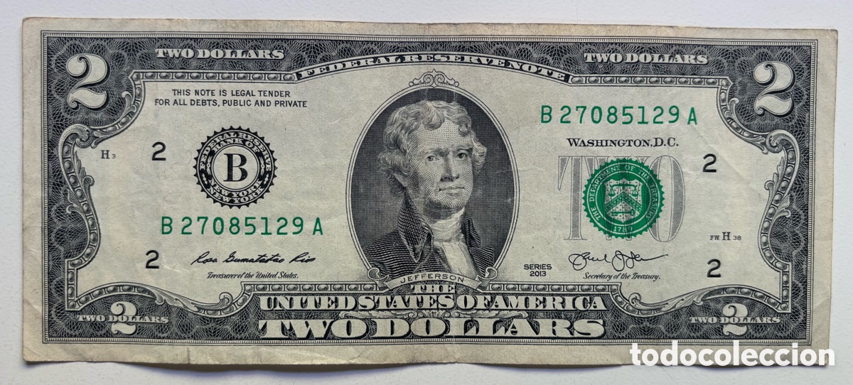 Billetes extranjeros: Billete USA 2 D&oacute;lares 2013 . B New York Nueva York EEUU Estados Unidos Dollars