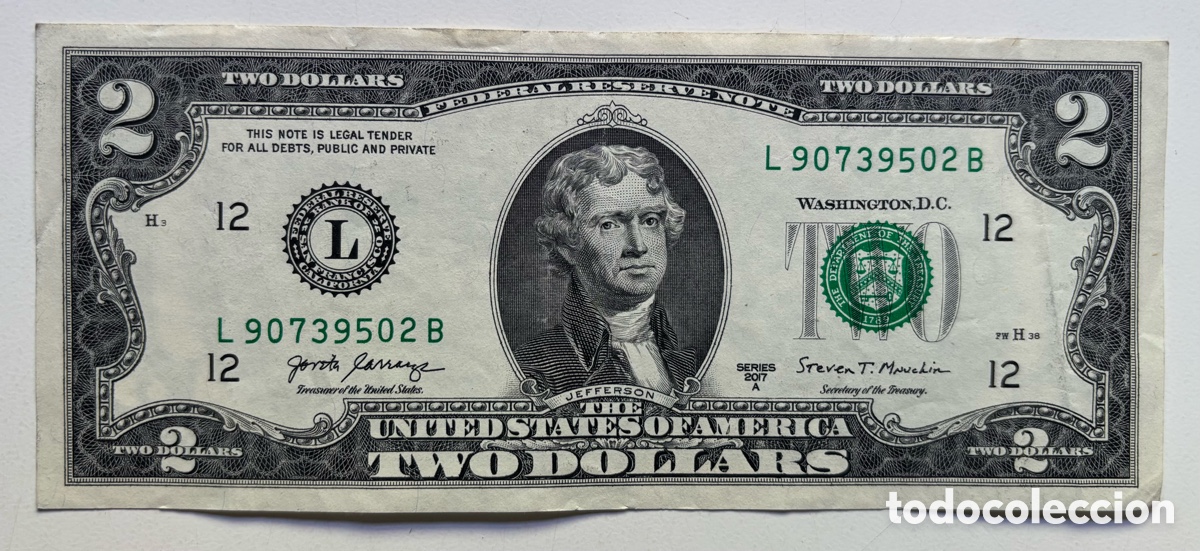 Billetes extranjeros: Billete USA 2 D&oacute;lares 2017-A. L San Francisco California. EEUU Estados Unidos Dollars
